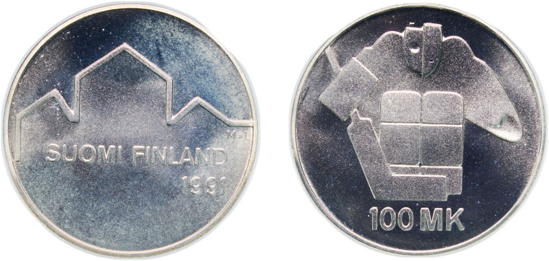 Finland Republic 1991 L 100 Markkaa (World Ice Hockey Championships) Silver (.83...