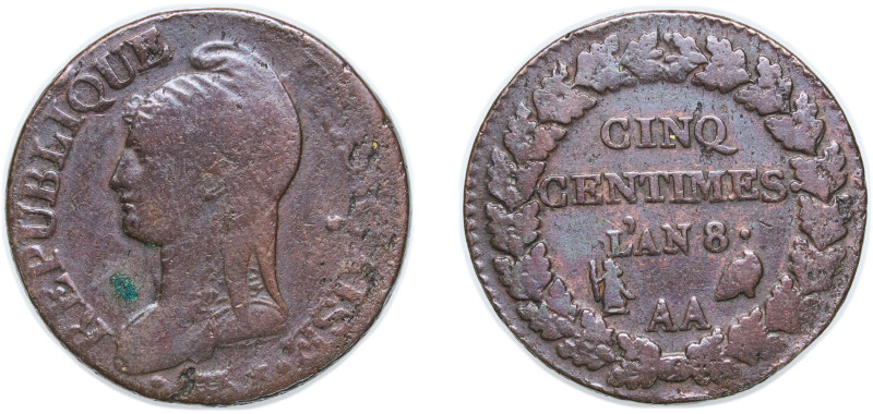 France First Republic AN 8 (1799) AA 5 Centimes (Overstrike) Copper Metz Mint 8....