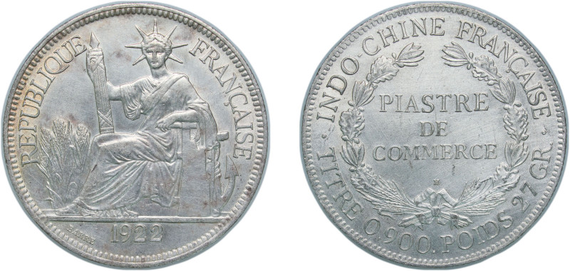 French Indochina French colony 1922 H 1 Piastre Silver (.900) Heaton and Sons / ...