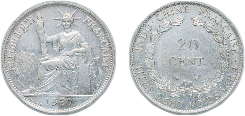 French Indochina French colony 1937 20 Cents Silver (.680) Paris Mint (17500000)...