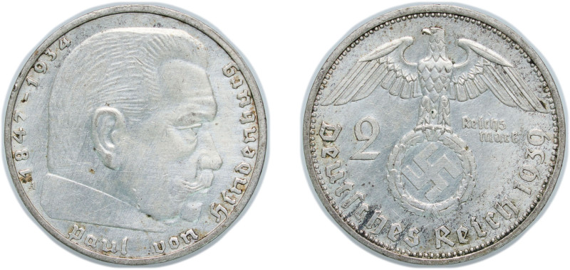 Germany Third Reich 1939 A 2 Reichsmark (Paul von Hindenburg) Silver (.625) Berl...