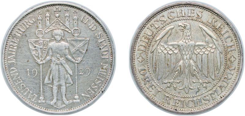 Germany Weimar Republic 1929 E 3 Reichsmark (Meissen) Silver (.500) Muldenhütten...