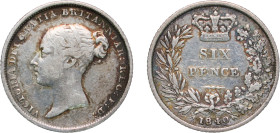 Great Britain United Kingdom 1840 6 Pence - Victoria (1st portrait; 1st type) Silver (.925) (2098800) 2.8g VF KM 733 Sp 3908 Sp 3909