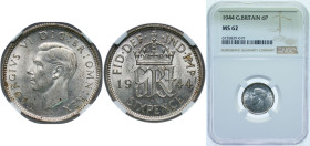 Great Britain United Kingdom 1944 6 Pence - George VI (1st coinage) Silver (.500) (37952600) 2.83g NGC MS 62 KM 852 Sp 4084