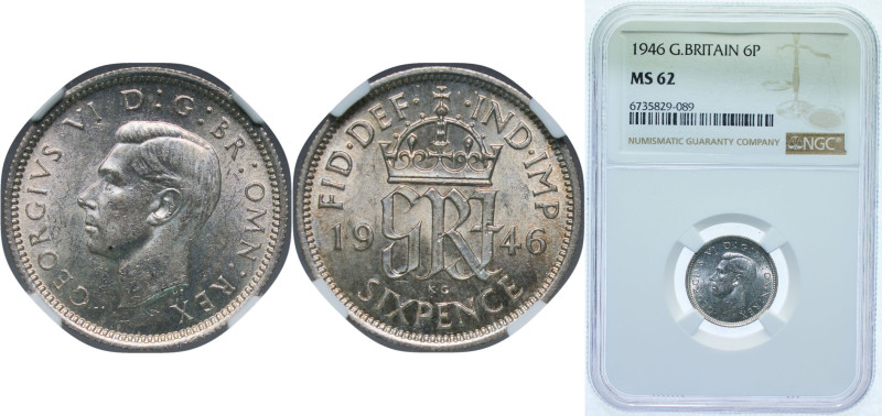 Great Britain United Kingdom 1946 6 Pence - George VI (1st coinage) Silver (.500...