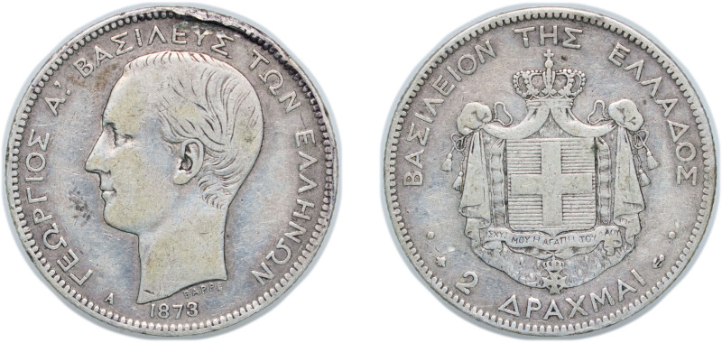 Greece Kingdom 1873 A 2 Drachmai - George I (1st portrait) Silver (.835) Paris M...