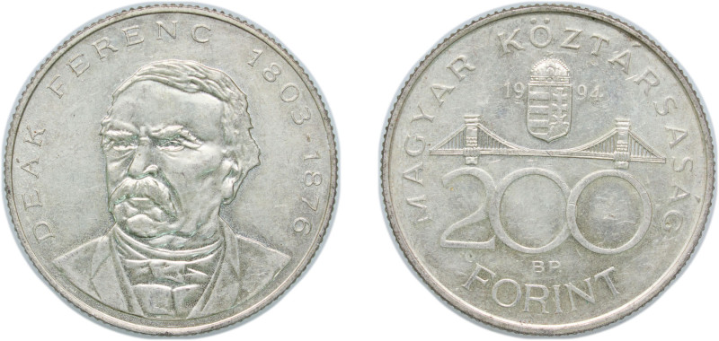 Hungary Republic 1994 BP. 200 Forint (Deák Ferenc) Silver (.500) Budapest Mint (...