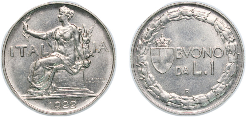 Italy Kingdom 1922 R 1 Lira - Victor Emmanuel III Nickel Rome Mint (82266500) 8....