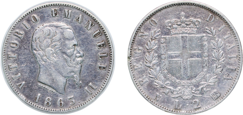 Italy Kingdom 1863 N BN 2 Lire - Victor Emmanuel II Silver (.835) Naples Mint (1...