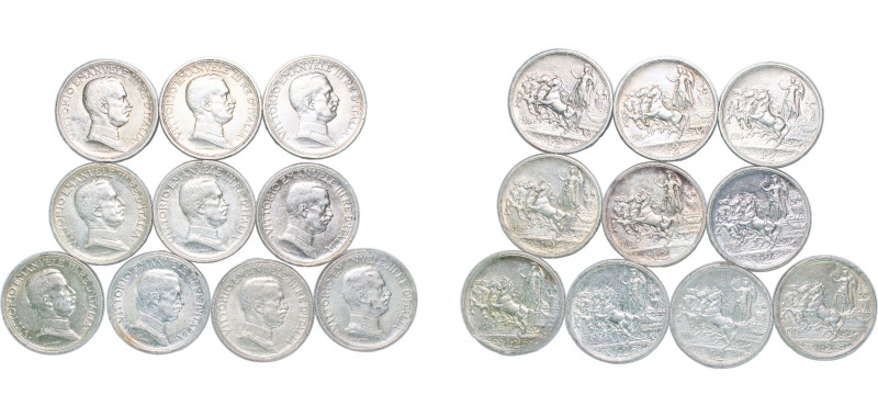 Italy Kingdom 1914-1916 2 Lire - Victor Emmanuel III (10 Lots) Silver (.835) Rom...