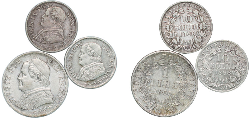 Italy Papal States Italian states 1866-1868 R Lira - Pius IX (3 Lots) Silver (.8...