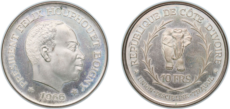 Ivory Coast Republic 1966 10 Francs CFA (Félix Houphouët-Boigny) Silver (.925) 2...