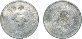Japan Empire M23 (1890) 年三十二治明 1 Yen - Meiji (small type) Silver (.900) (7292877) 26.85g XF Chopmarked Y A25.3 JNDA 01-10A