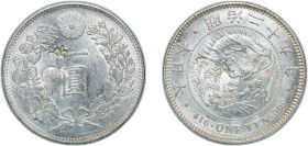 Japan Empire M29 (1896) 年九十二治明 1 Yen - Meiji (small type - "Gin" countermarked left) 京 Silver (.900) 26.93g UNC Y 28a.2 JNDA 01-10C