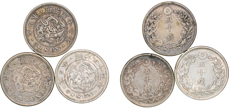 Japan Empire 19th Century 50 Sen Lots - Meiji Silver (.800) VF Y 25 JNDA 01-14