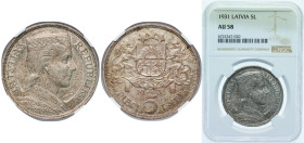 Latvia Republic 1931 5 Lati Silver (.835) Royal Mint (Tower Hill) (2000000) 25g NGC AU 58 KM 9 Schön 9