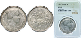 Latvia Republic 1932 5 Lati Silver (.835) Royal Mint (Tower Hill) (600000) 25g NGC MS 62 KM 9 Schön 9