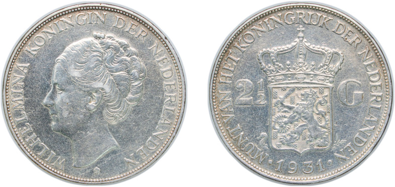 Netherlands Kingdom 1931 2½ Gulden - Wilhelmina Silver (.720) Utrecht Mint (4400...