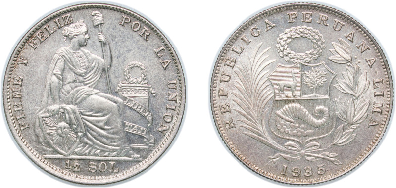 Peru Republic 1935 LIMA ½ Sol Luster Original Silver (.500) Lima Mint 12.53g UNC...