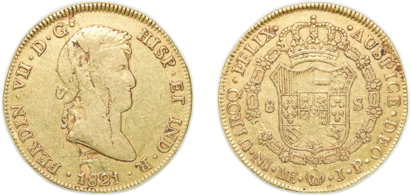 Peru Spanish colony 1821 LIMA JP 8 Escudos - Fernando VII (Colonial Milled Coina...