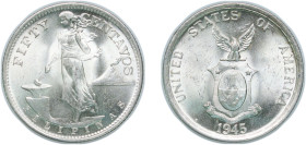 Philippines Commonwealth 1945 S 50 Centavos Silver (.750) San Francisco Mint (18120000) 9.97g UNC KM 183 Schön 21