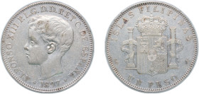 Philippines Spanish colony 1897 1 Peso - Alfonso XIII Silver (.900) (6000000) 24.87g XF KM 154