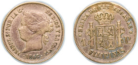 Philippines Spanish colony 1866 1 Peso - Isabella II Gold (.875) Manila Mint (77000) 1.68g VF Mount Removed KM 142 Fr 3