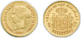 Philippines Spanish colony 1867 1 Peso - Isabella II (Key Date, it is very Rare like this quality) Gold (.875) Manila Mint (12000) 1.69g AU KM 142 Fr ...
