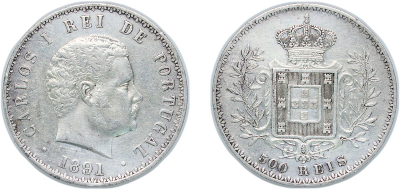 Portugal Kingdom 1891 500 Réis - Carlos I Silver (.917) Lisbon Mint (12476000) 1...