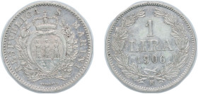 San Marino Republic 1906 R 1 Lira Silver (.835) Rome Mint (30000) 5g XF KM 4 G 27