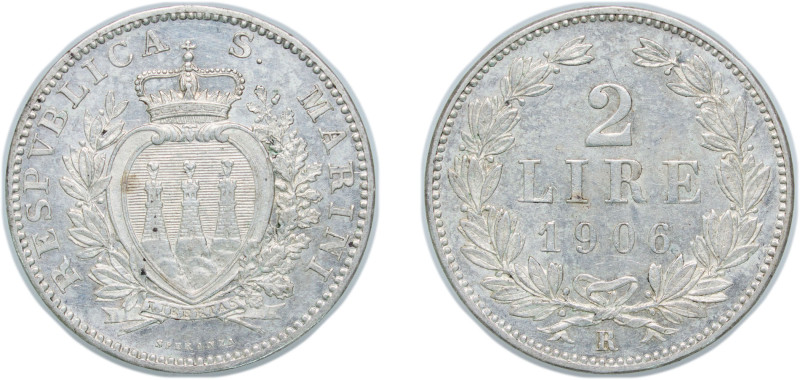 San Marino Republic 1906 R 2 Lire Silver (.835) Rome Mint (15000) 10.06g AU KM 5
