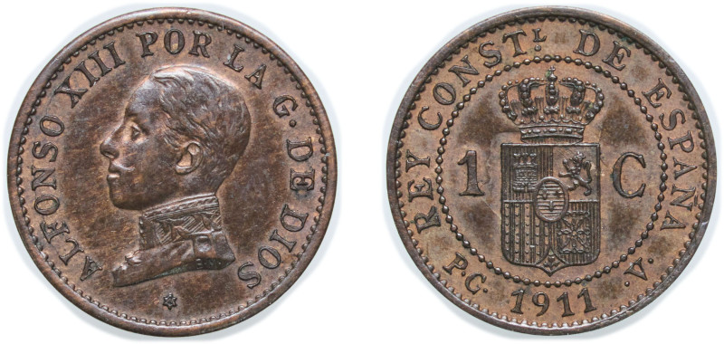 Spain Kingdom 1911 *1 PCV 1 Centimo - Alfonso XIII (5th portrait) Bronze Madrid ...