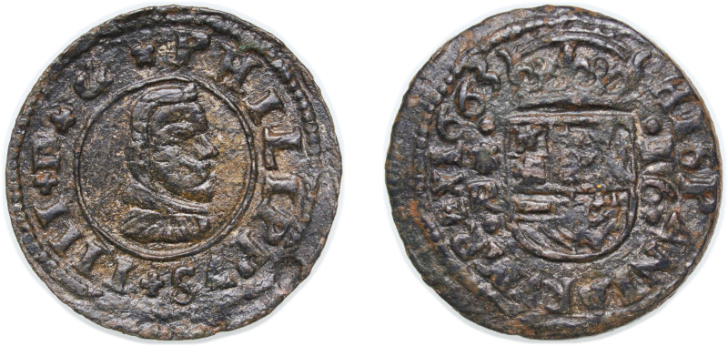 Spain Kingdom 1663 R 16 Maravedis - Felipe IV Copper Coruna Mint 4.39g XF KM 172...