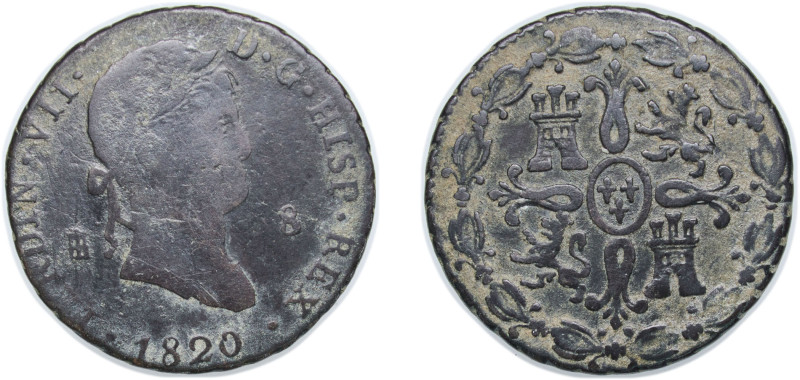 Spain Kingdom 1820 8 Maravedis - Fernando VII (2nd portrait) Copper Segovia Mint...