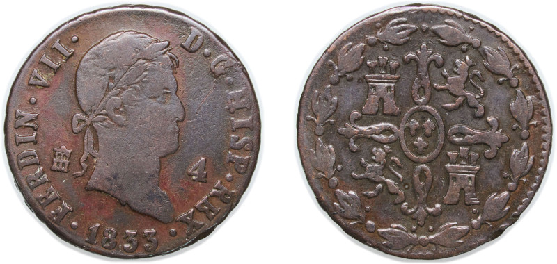 Spain Kingdom 1833 4 Maravedis - Fernando VII Copper Segovia Mint 5.24g VF KM 48...