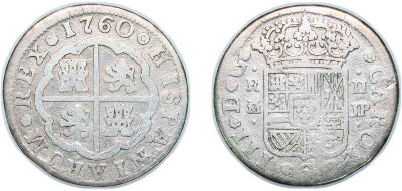 Spain Kingdom 1760 M JP 2 Reales - Carlos III (1st type) Silver (.833) Madrid Mi...