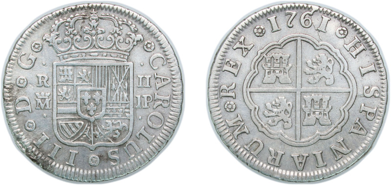 Spain Kingdom 1761 M JP 2 Reales - Carlos III (1st type) Silver (.833) Madrid Mi...