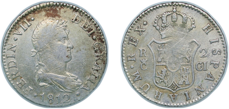 Spain Kingdom 1812 C CI 2 Reales - Fernando VII Silver (.812) Cádiz Mint 5.95g V...