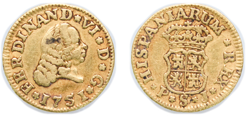 Spain Kingdom 1751 S PJ ½ Escudo - Fernando VI (2nd type) Gold (.917) Seville Mi...