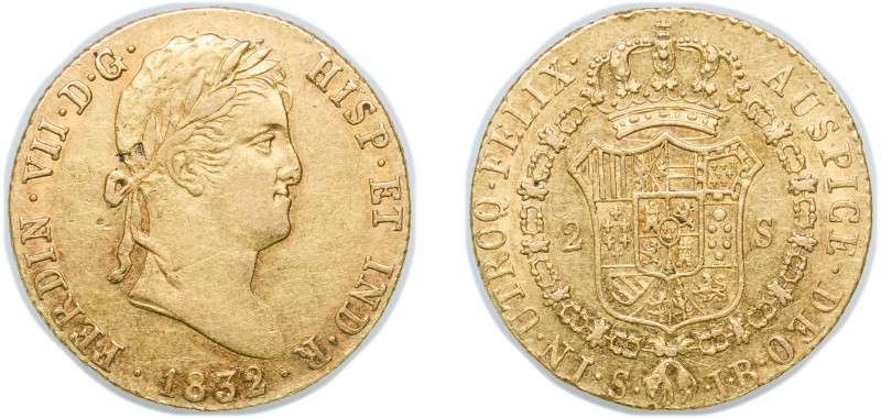 Spain Kingdom 1832 S JB 2 Escudos - Fernando VII (laureate head) Gold (.875) Sev...