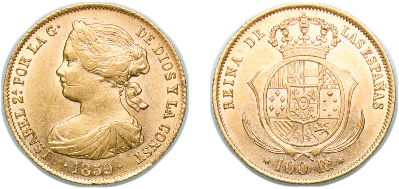 Spain Kingdom 1859 100 Reales - Isabel II Gold (.900) Barcelona Mint 8.34g UNC K...