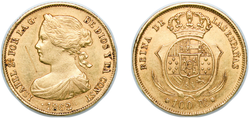 Spain Kingdom 1862 100 Reales - Isabel II Gold (.900) Seville Mint 8.37g AU Scra...