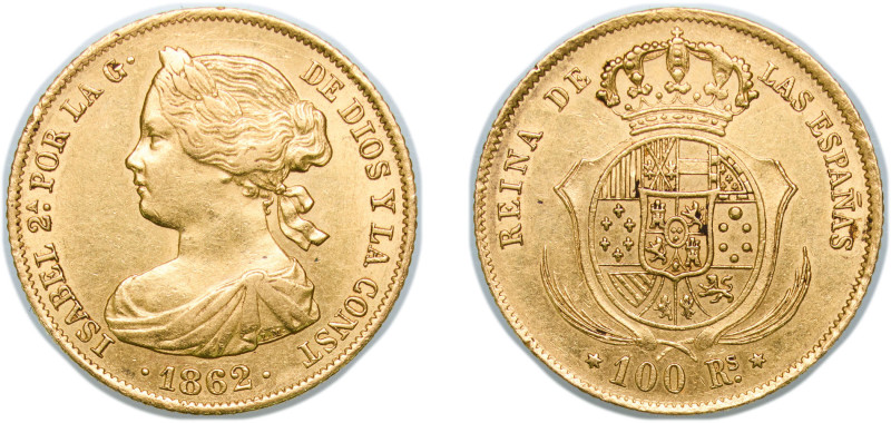 Spain Kingdom 1862 100 Reales - Isabel II Gold (.900) Madrid Mint 8.39g AU KM 60...