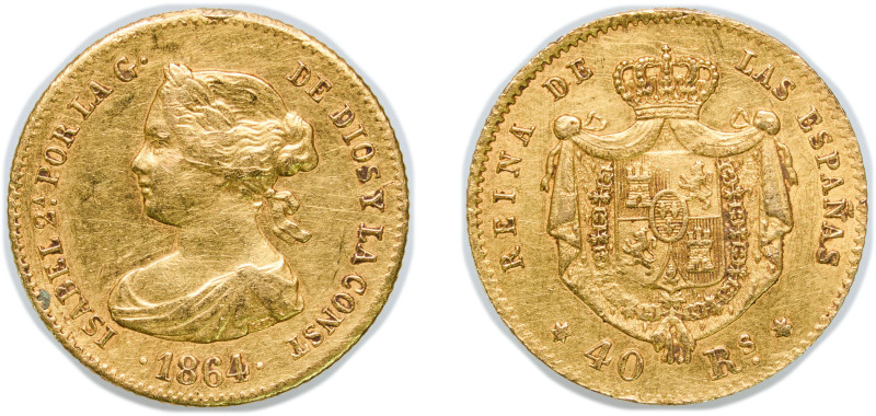 Spain Kingdom 1864 40 Reales - Isabel II Gold (.900) Madrid Mint 3.37g XF Cleane...