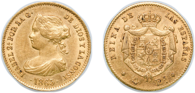 Spain Kingdom 1865 4 Escudos - Isabel II Gold (.900) Madrid Mint 3.37g AU KM 631...