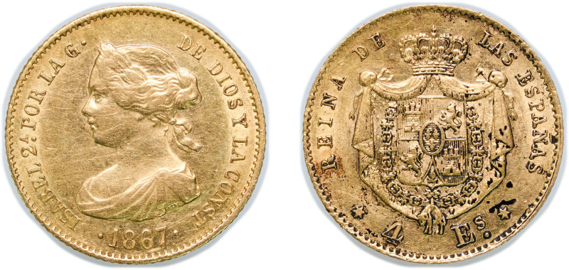 Spain Kingdom 1867 4 Escudos - Isabel II Gold (.900) Madrid Mint 3.33g AU Cleane...