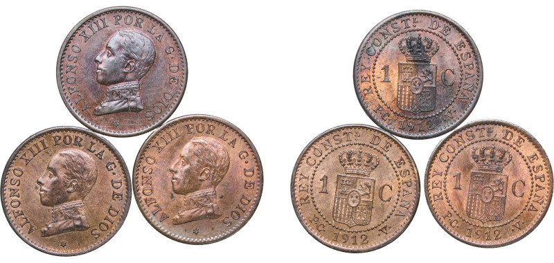 Spain Kingdom 1912 *2 PCV 1 Centimo - Alfonso XIII (3 Lots) Bronze Madrid Mint U...