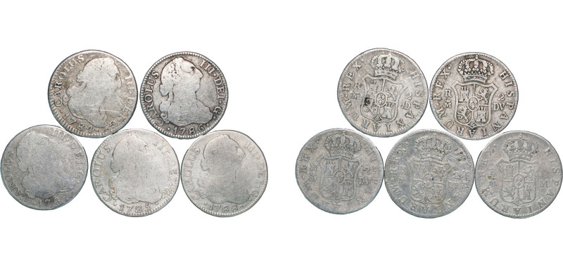 Spain Kingdom 1784-1788 M 2 Reales - Carlos III (5 Lots) Silver (.813) Madrid Mi...