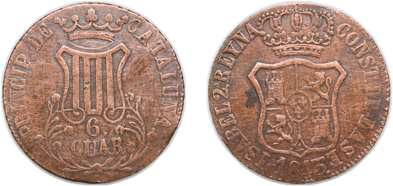 Spain Principality of Catalonia Spanish states 1843 6 Cuartos (6 CUAR) Copper Ba...