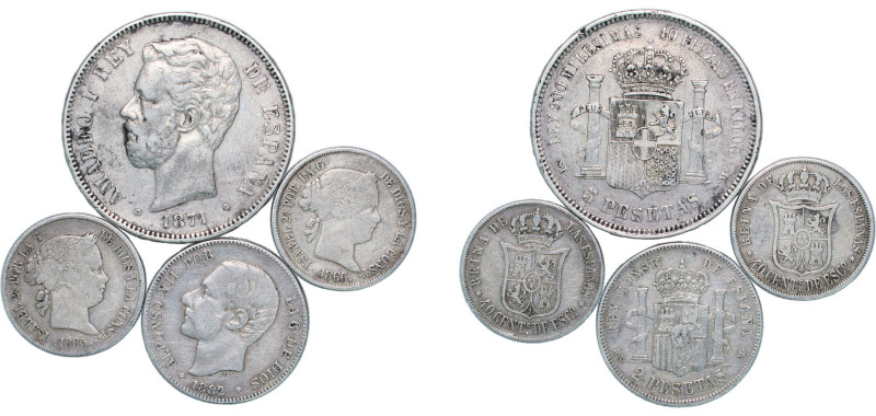 Spain Kingdom 1865-1882 Coinage (4 Lots Amadeo I, Alfonso XII, Isabel II) Silver...